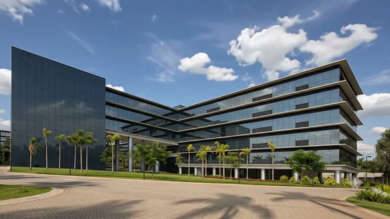 Fachada em ACM do Ipê Center Hotel ao entardecer, obra da Alupoli